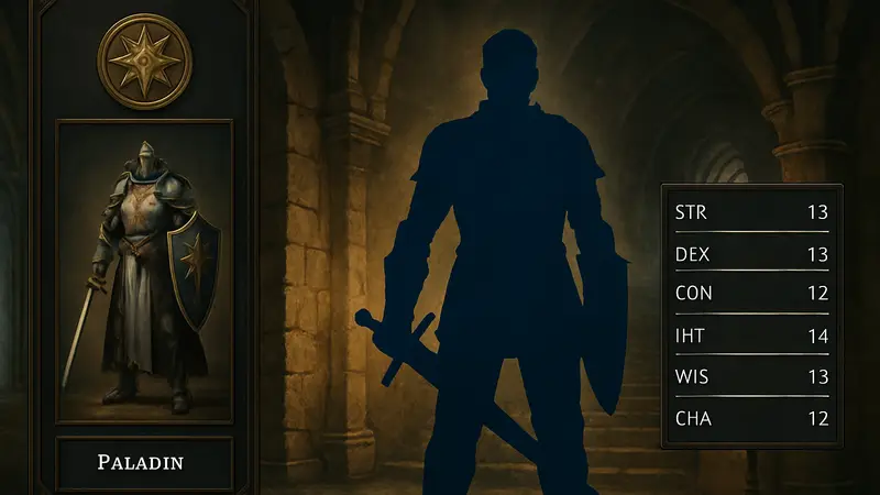 Экран создания персонажа в Solasta 2 с выбранным классом Паладина и атрибутами.