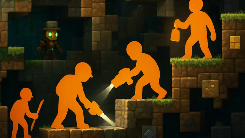 Скриншот из игры Drill and Delve с шахтерами и блочной графикой, напоминающей Minecraft