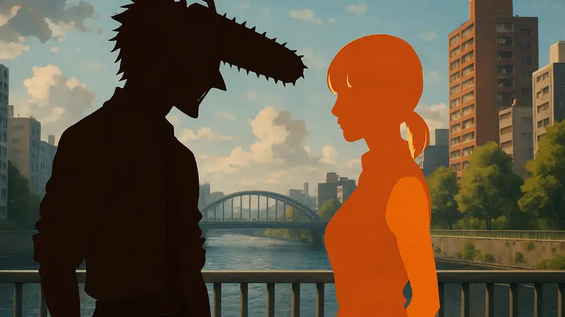 Постер аниме «Человек-бензопила: Арка Резе» с главными героями Дендзи и Резе.