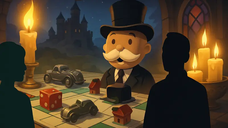  Изображение с элементами игры Monopoly GO и символикой события Candle-Lit Fortunes.