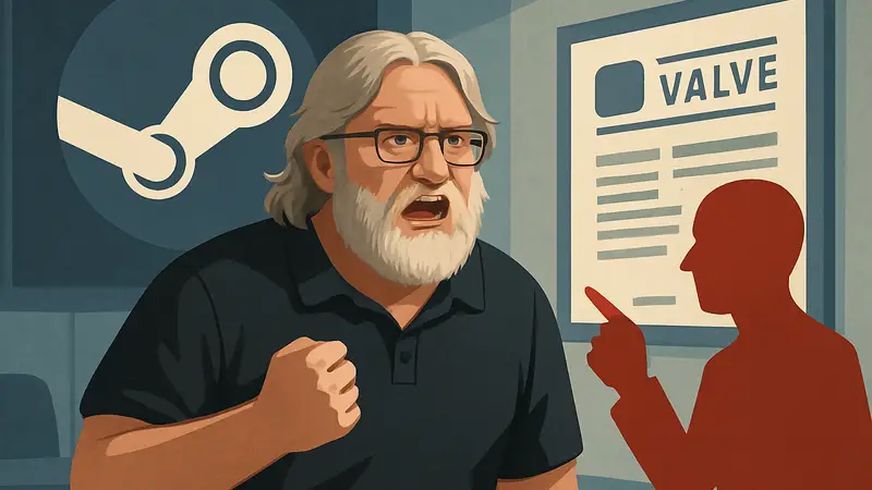 Гейб Ньюэлл на фоне логотипа Steam, новости Valve, модерация контента Steam