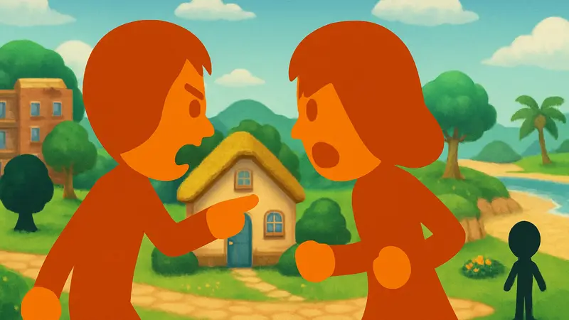 Изображение Miis из Tomodachi Life, которые ссорятся на фоне игрового мира.