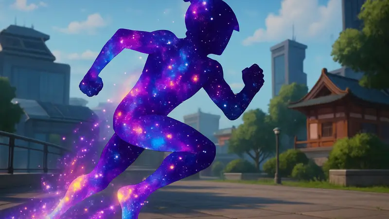 Игровой персонаж Fortnite Runners с ярким Галактическим спрайтом, демонстрирующим уникальный визуальный эффект.