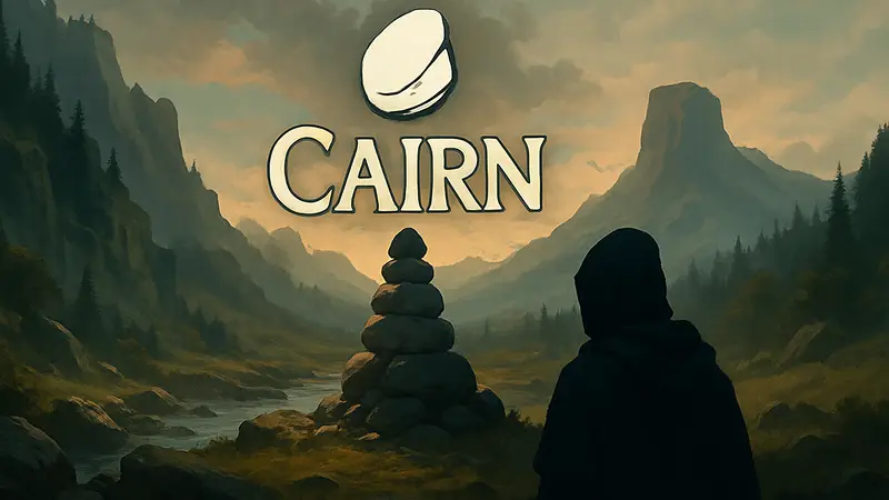 Логотип инди-игры Cairn на фоне фэнтезийного мира, символизирующий отложенный релиз DLC.