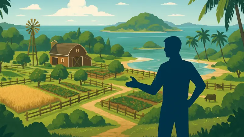 Игровая ферма на острове в Starsand Island, демонстрирующая возможности расширения и новые территории.