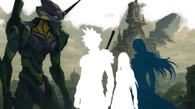 Логотип Final Fantasy XIV с изображениями Евангелиона и персонажей Final Fantasy VII.