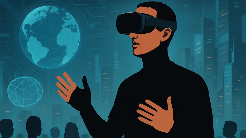Марк Цукерберг в очках виртуальной реальности, обсуждающий будущее технологий.