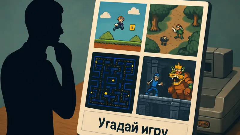Квиз "Угадай игру" с изображениями ретро-игр, на фоне винтажной игровой консоли.