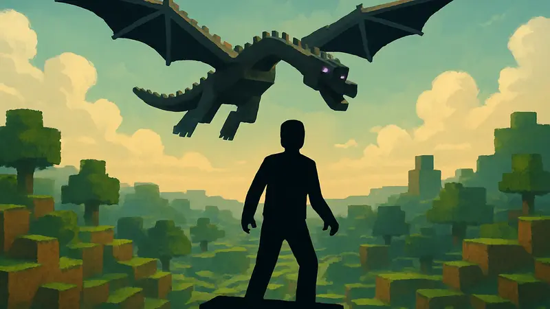 Дракон Края из Minecraft, летящий над кубическим миром, символизирующий фильм