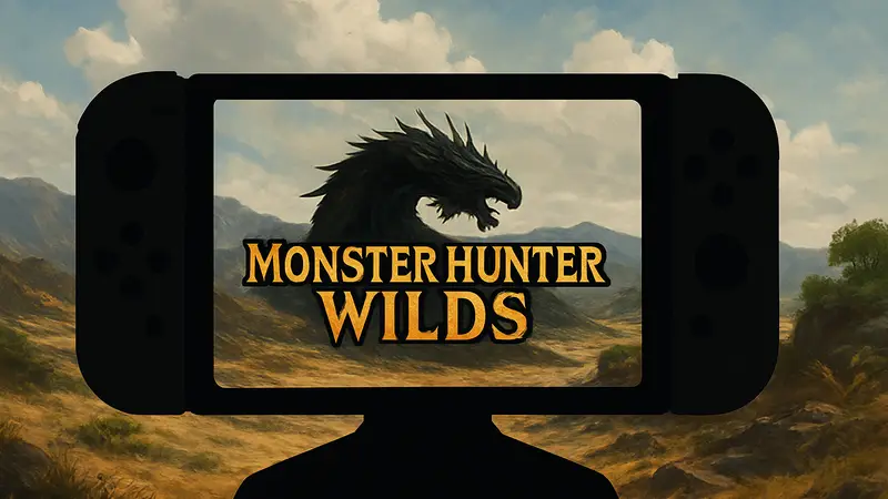 Логотип Monster Hunter Wilds на фоне силуэта Nintendo Switch 2, символизирующий слухи.