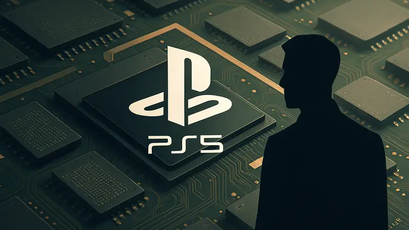 Логотип PlayStation 5 на фоне микросхем памяти, символизирующий успешное решение проблем с поставками комплектующих.