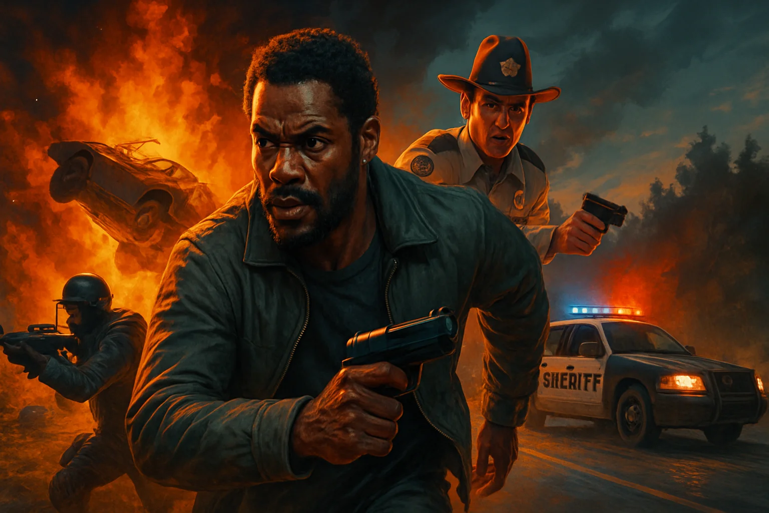 Постер к фильму «Бунтовщики» (Rebel Ridge) от Netflix, изображающий напряженную криминальную сцену.