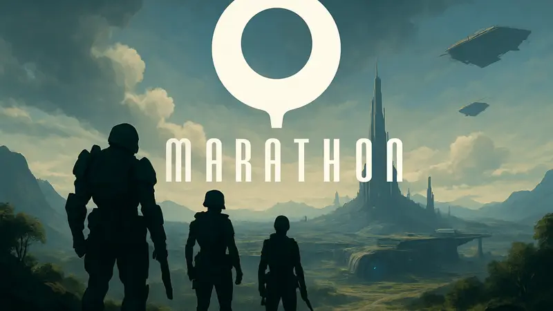 Логотип игры Marathon от Bungie на фоне футуристического пейзажа.