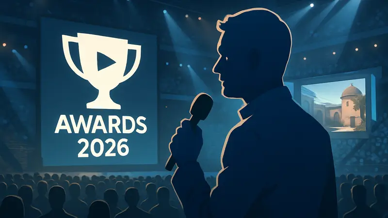 Логотип HLTV Awards 2026 с создателем Dust2 Дэвидом Джонстоном на фоне киберспортивного мероприятия.