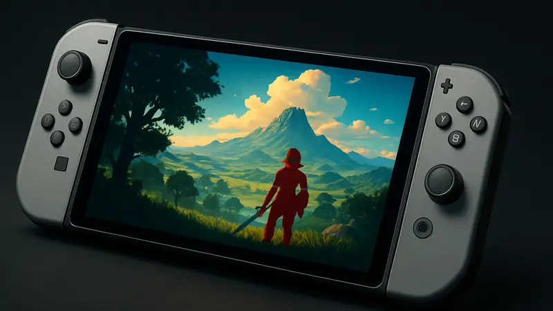 Концепт портативной консоли Nintendo Switch 2 с ярким OLED-экраном на тёмном фоне.