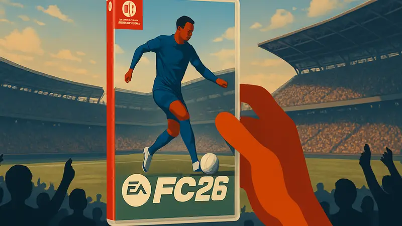 Обложка игры EA Sports FC 26 на Nintendo Switch с футболистом, стадионом и болельщиками.
