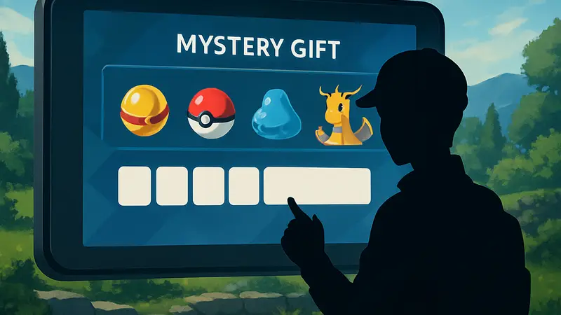 Изображение экрана ввода кодов Mystery Gift в Pokémon Champions с иконками предметов и покемонов