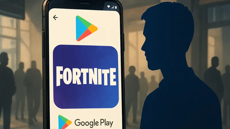 Логотип Fortnite на фоне Google Play Store на экране смартфона Android.