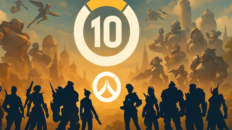 Логотип Overwatch на фоне героев игры, посвященный 10-летию
