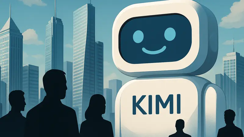 Чат-бот Kimi от Moonshot AI на фоне небоскребов Кремниевой долины, символизирующий конкуренцию в ИИ.