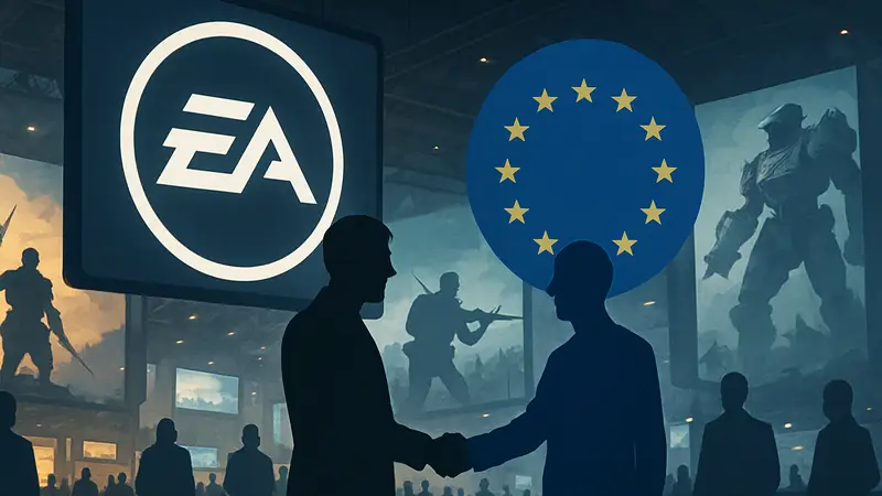 Логотипы Electronic Arts и Евросоюза, символизирующие одобрение сделки. Игровая индустрия.