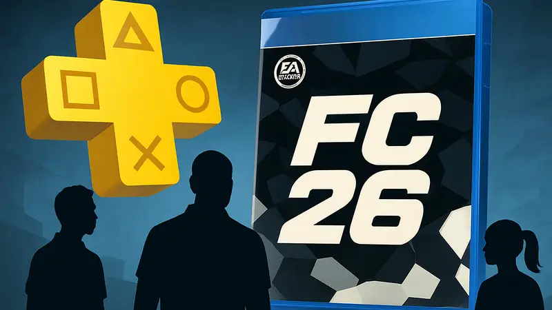 Обложка игры EA Sports FC 26 на фоне логотипа PlayStation Plus Essential.