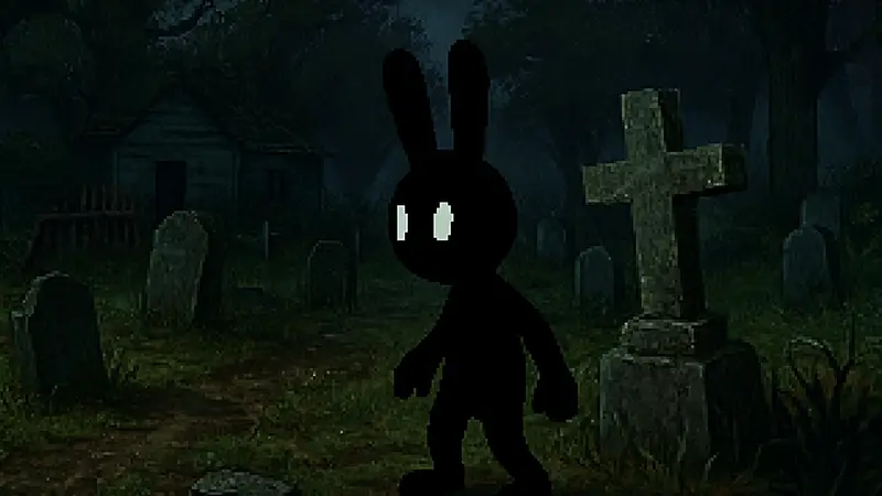 Игровой скриншот из хоррора The Bunny Graveyard, стилизованный под графику PS1.