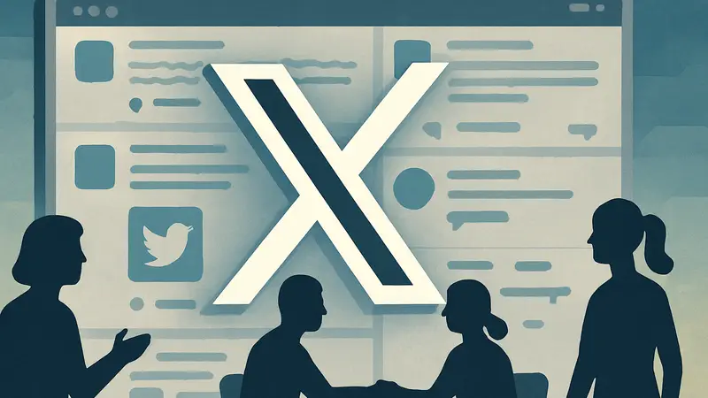 Логотип X (бывший Twitter) на фоне ленты новостей, показывающей дружелюбное взаимодействие.