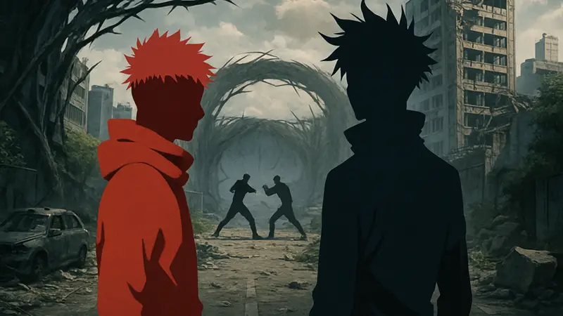 Юдзи Итадори и Мегуми Фушигуро из аниме Jujutsu Kaisen на фоне сцен из «Игры на выбывание».