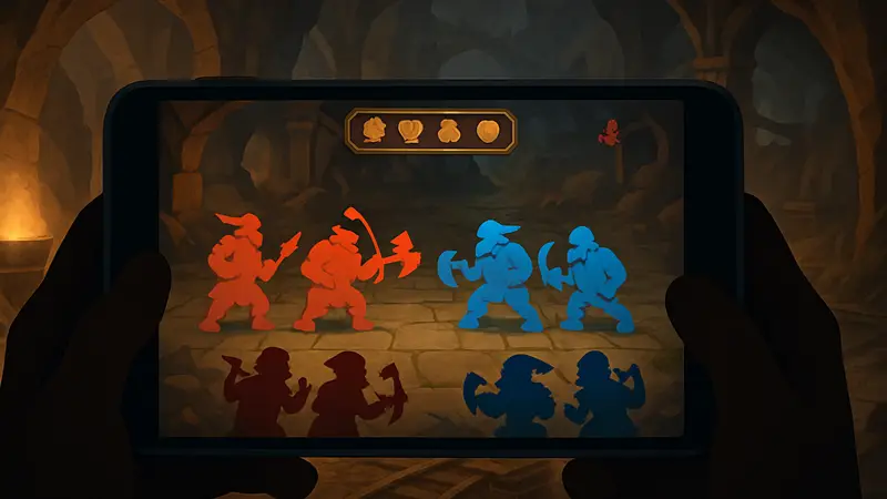 Скриншот из игры Dwarves: Glory, Death and Loot, гномы сражаются в автобаттлере на мобильном устройстве