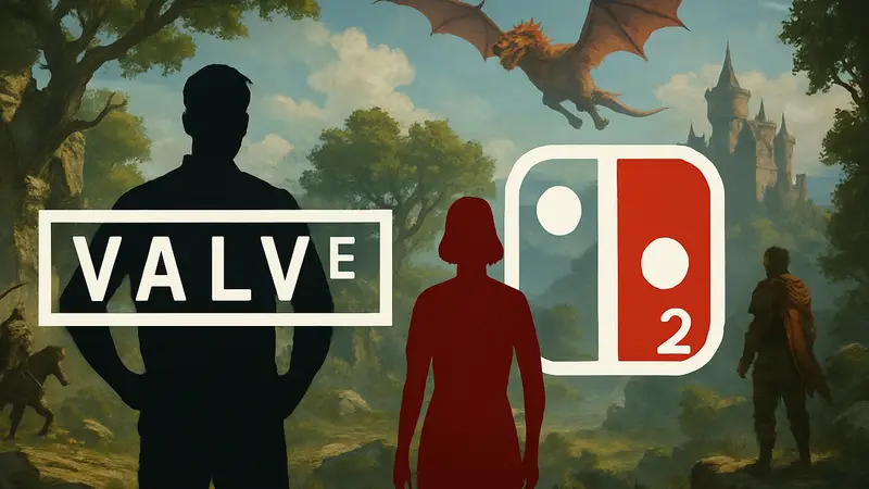 Логотипы Valve и Nintendo Switch 2 на фоне игровой тематики