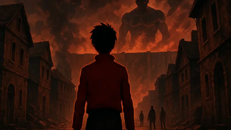 Кадр из мрачного аниме-сериала, стилизованный под Атаку Титанов, темно-красные тона