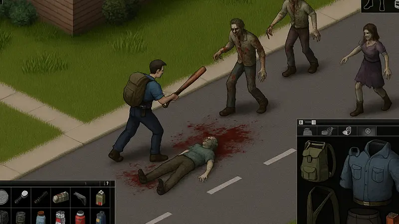 Скриншот игрового процесса Project Zomboid с интерфейсом, улучшенным установленными модами.