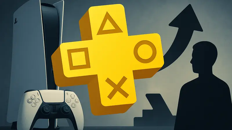 Логотип PlayStation Plus на фоне геймпада DualSense и консоли PS5, символизирующий повышение цен на подписку.