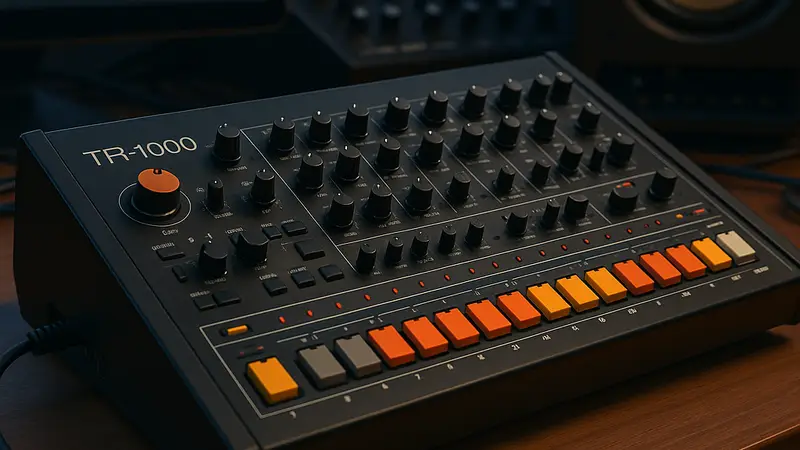 Драм-машина Roland TR-1000, преемница легендарной TR-808, на студ ийном столе.