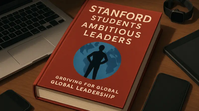 Книга для амбициозных студентов Стэнфорда, лежащая на столе с технологическими гаджетами, символизирующая стремление к мировому лидерству