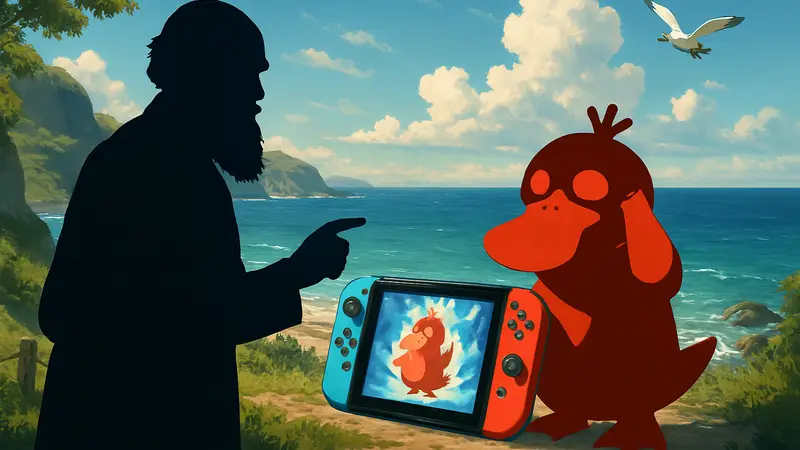 Профессор Чарльз Дарвин и эволюционирующий Псидак в игре Pokémon Winds & Waves для Nintendo Switch 2.