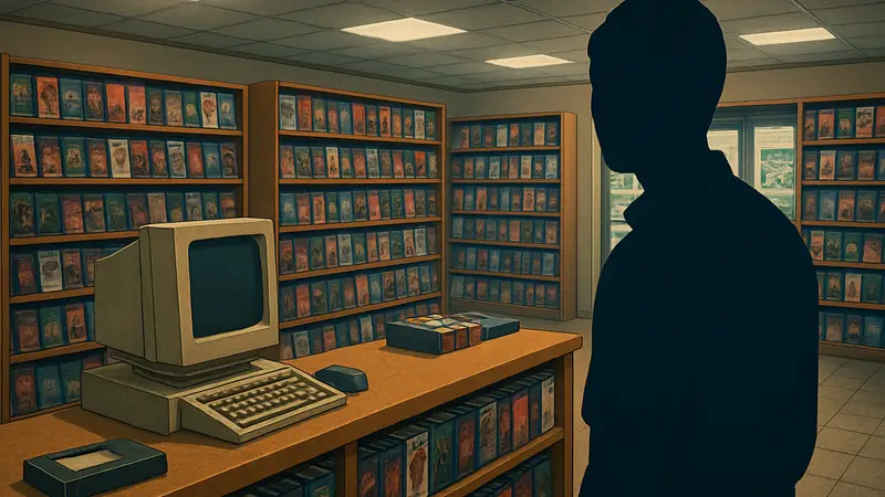Игровой скриншот симулятора видеопроката 90-х годов с VHS-кассетами.