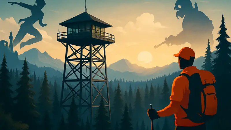 Художественный арт Firewatch с изображением вышки, леса и персонажа на фоне заката. Отсылки к Mirror's Edge, Far Cry 2, Bioshock.