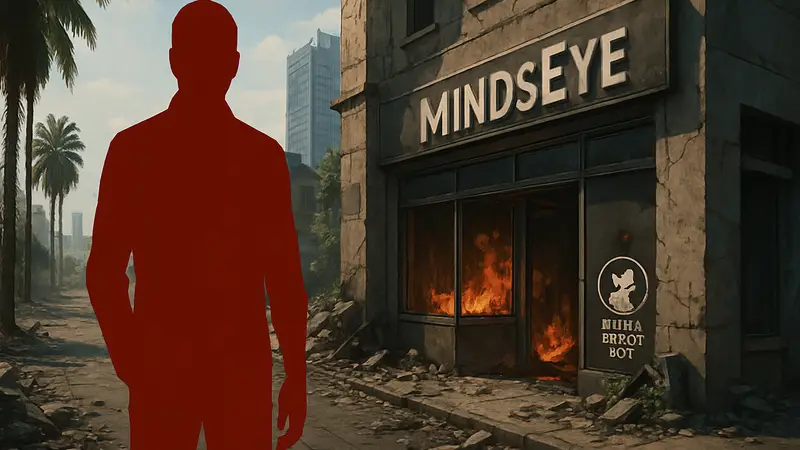 Обложка DLC Blacklisted игры MindsEye, логотип Build a Rocket Boy, концепт провала.