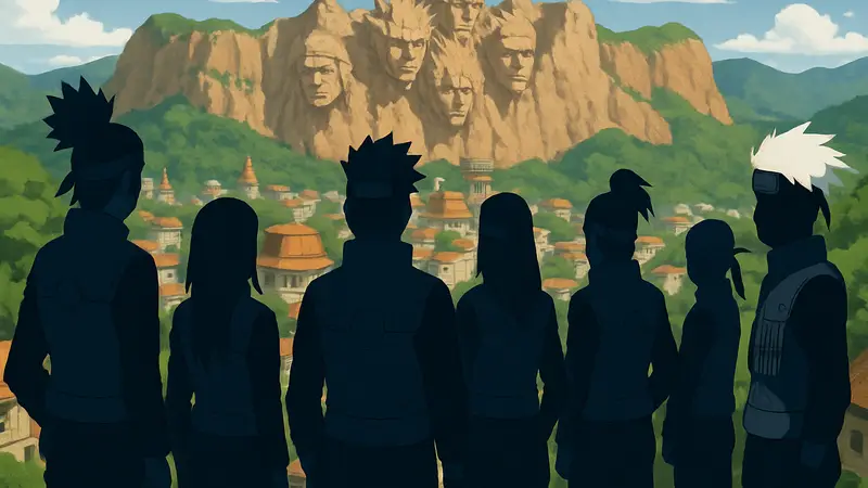 Персонажи Наруто в форме Джонина после Великой войны ниндзя на фоне Конохи