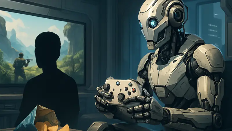 Робот держит геймпад Xbox, играет в видеоигру, рядом пачка чипсов. Футуристичный дизайн.