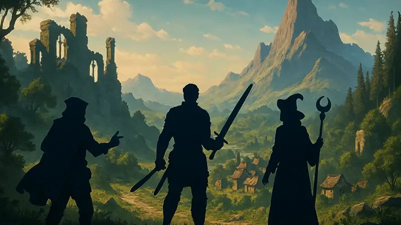 Скриншот из RPG Moves of the Diamond Hand с фэнтезийным пейзажем и персонажами.