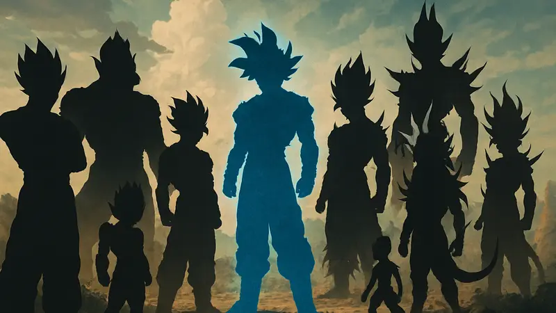Изображение различных трансформаций Гоку и других персонажей Dragon Ball, демонстрирующих их уникальный дизайн и силу.