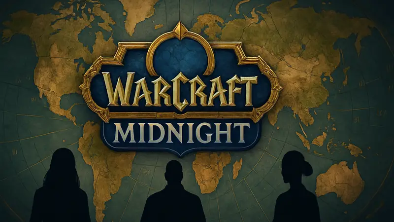 Логотип World of Warcraft: Midnight на фоне карты мира с часовыми поясами.