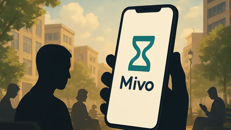 Логотип приложения Mivo на экране смартфона, символизирующий контроль экранного времени.