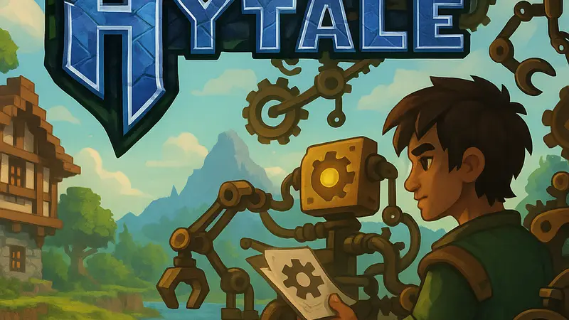 Изображение логотипа Hytale на фоне игрового мира, подчеркивающее автоматизацию и креативность.