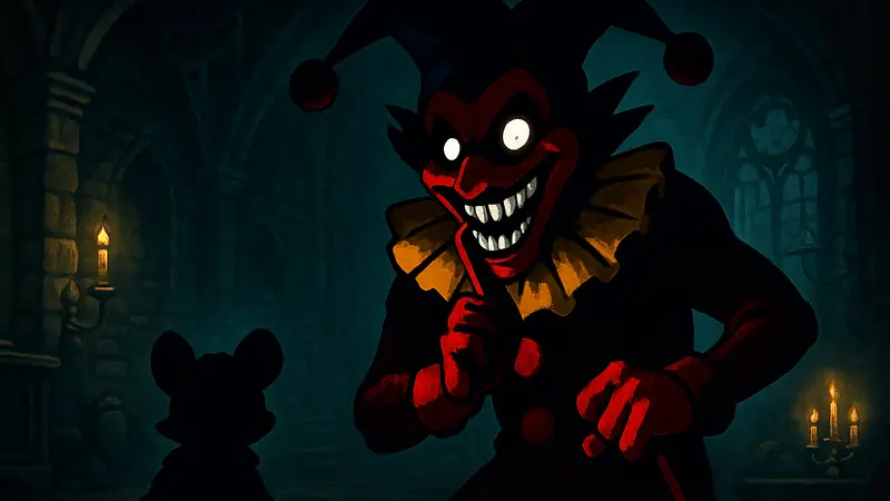 Персонаж клоуна из игры Mina The Hollower, выглядящий одновременно забавно и жутко.