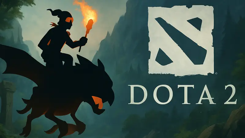 Герой Batrider на своём летающем аппарате из Dota 2, на фоне логотип игры.