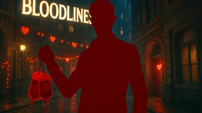 Скриншот игры Bloodlines 2 с кастомизированным вампиром и сумками крови на День святого Вал ентина.
